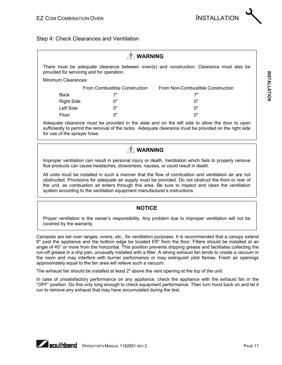 Step 4: check clearances and ventilation, Nstallation | Southbend CG/22SC User Manual | Page 11 / 52