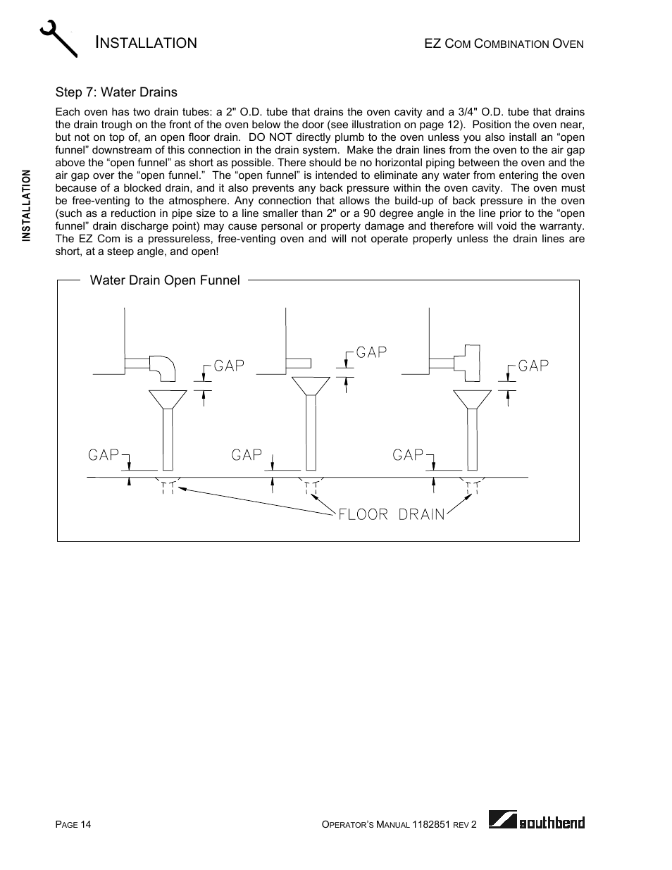Step 7: water drains, Nstallation | Southbend CG/22SC User Manual | Page 14 / 52