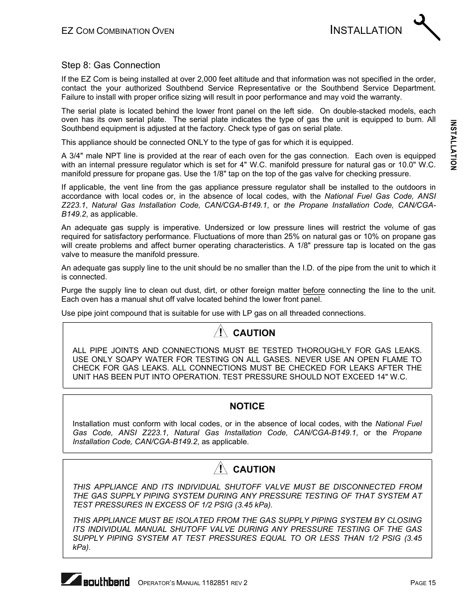 Step 8: gas connection, Nstallation | Southbend CG/22SC User Manual | Page 15 / 52