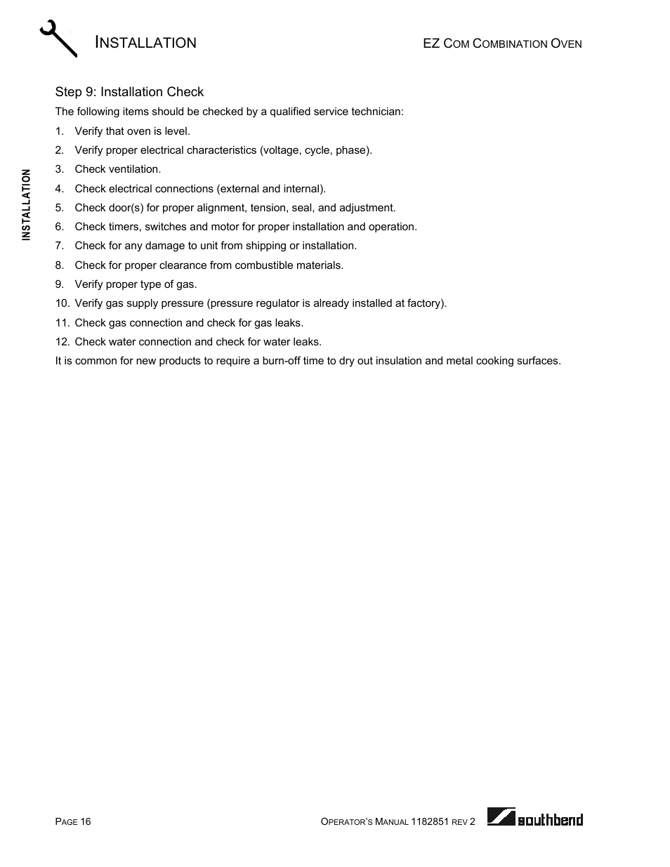 Step 9: installation check, Nstallation | Southbend CG/22SC User Manual | Page 16 / 52