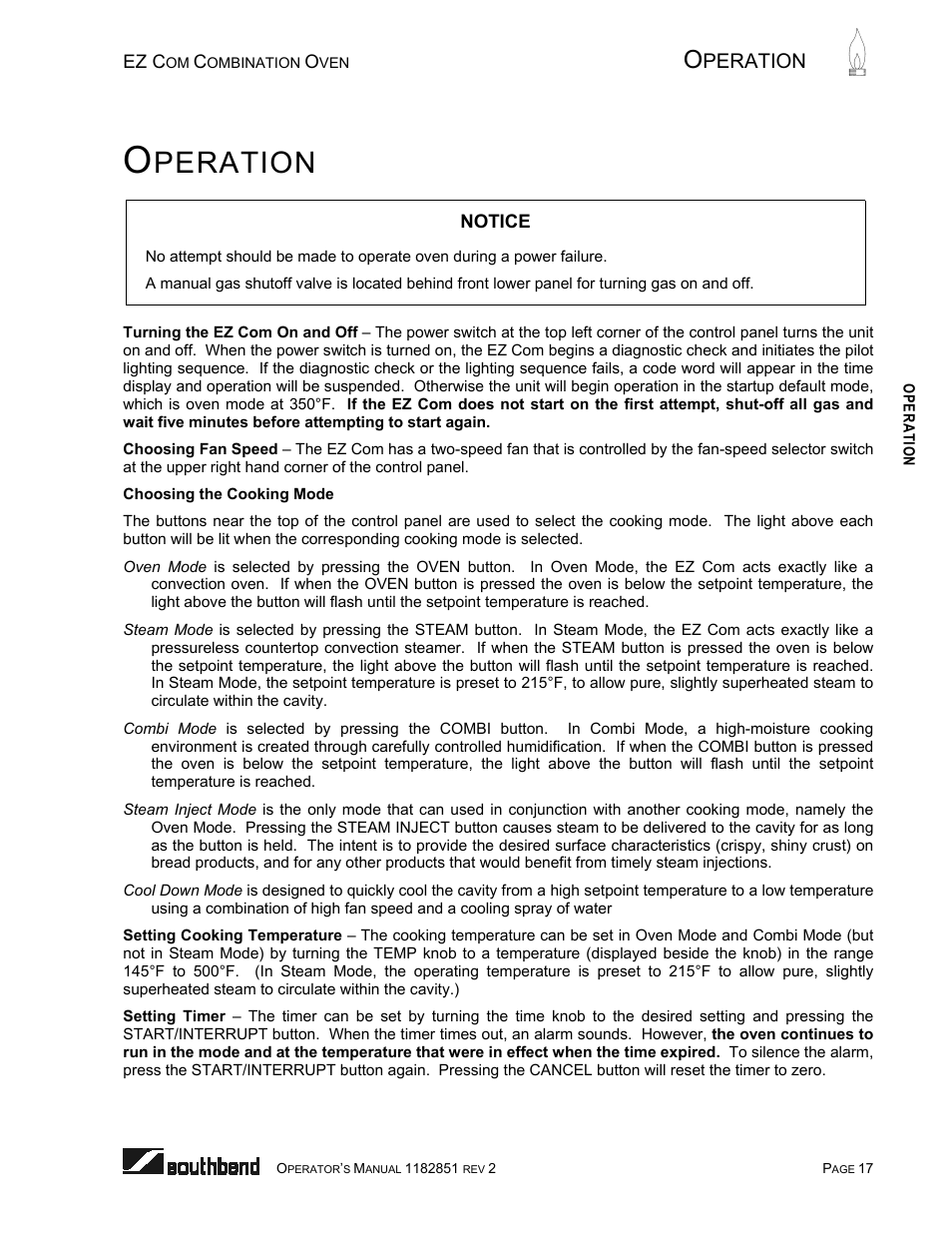 Operation, Turning on and off, Choosing fan speed | Choosing cooking mode, Setting cooking temperature, Setting timer, Peration | Southbend CG/22SC User Manual | Page 17 / 52