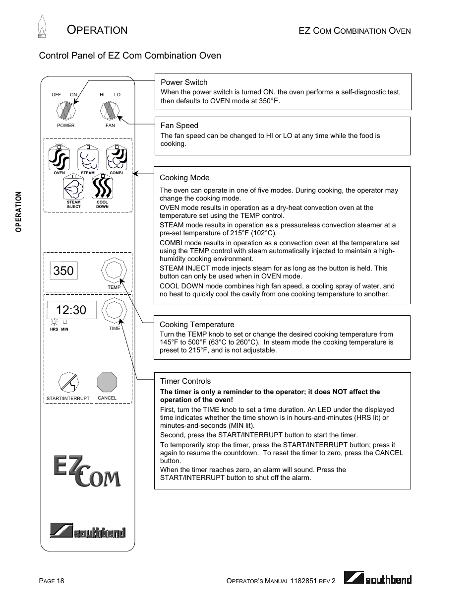 Control panel of ez com combination oven, Peration, Ez c | Southbend CG/22SC User Manual | Page 18 / 52