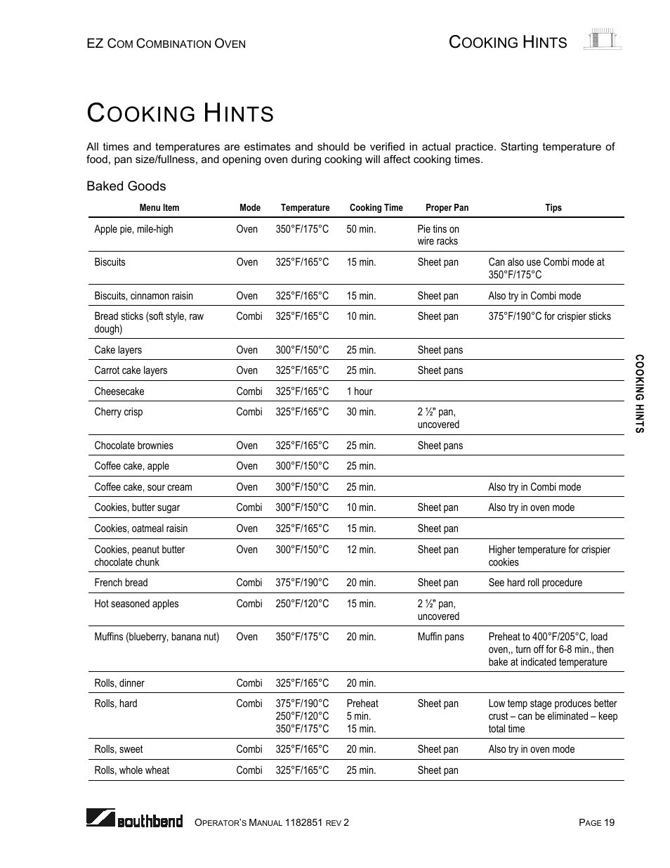 Cooking hints, Baked goods, Ooking | Ints | Southbend CG/22SC User Manual | Page 19 / 52