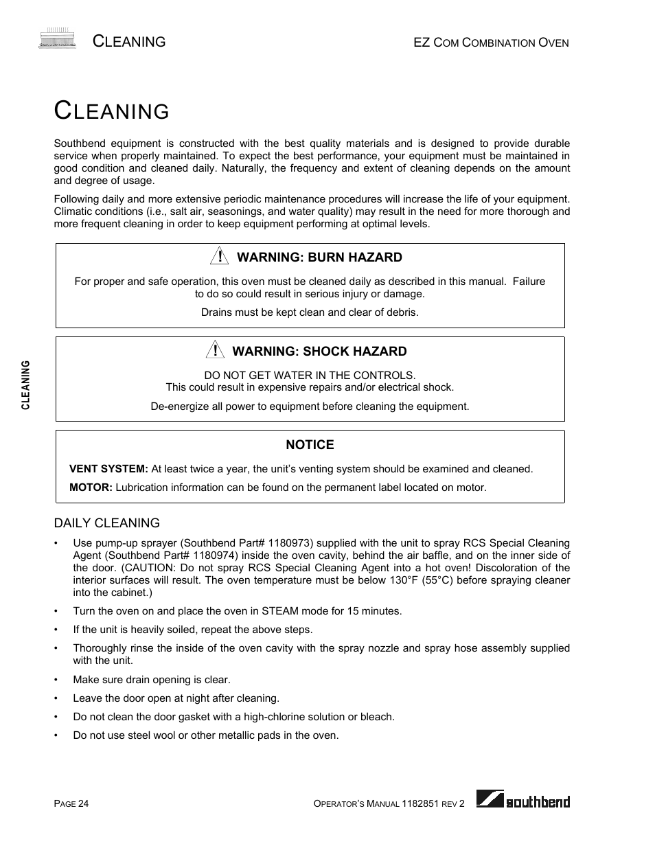 Cleaning, Daily cleaning, Leaning | Southbend CG/22SC User Manual | Page 24 / 52