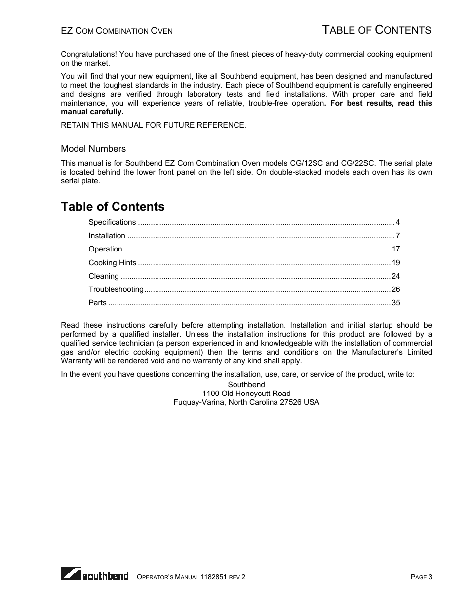 Southbend CG/22SC User Manual | Page 3 / 52