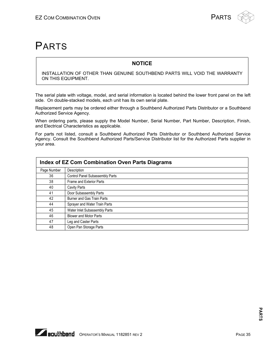 Parts, Index of parts diagrams, Arts | Southbend CG/22SC User Manual | Page 35 / 52