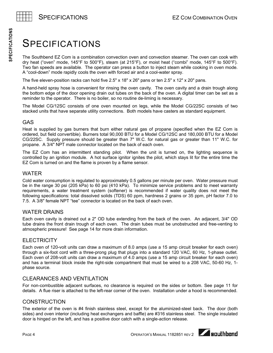 Specifications, Water, Water drains | Electricity, Clearances and ventilation, Construction, Pecifications | Southbend CG/22SC User Manual | Page 4 / 52