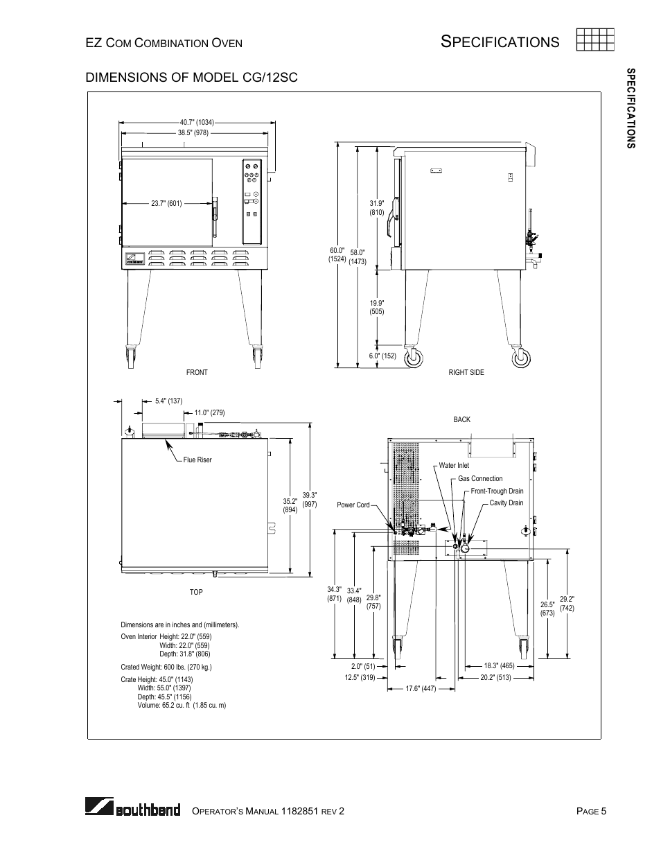 Dimensions of model cg/12sc, Pecifications, Ez c | Spec ifications | Southbend CG/22SC User Manual | Page 5 / 52