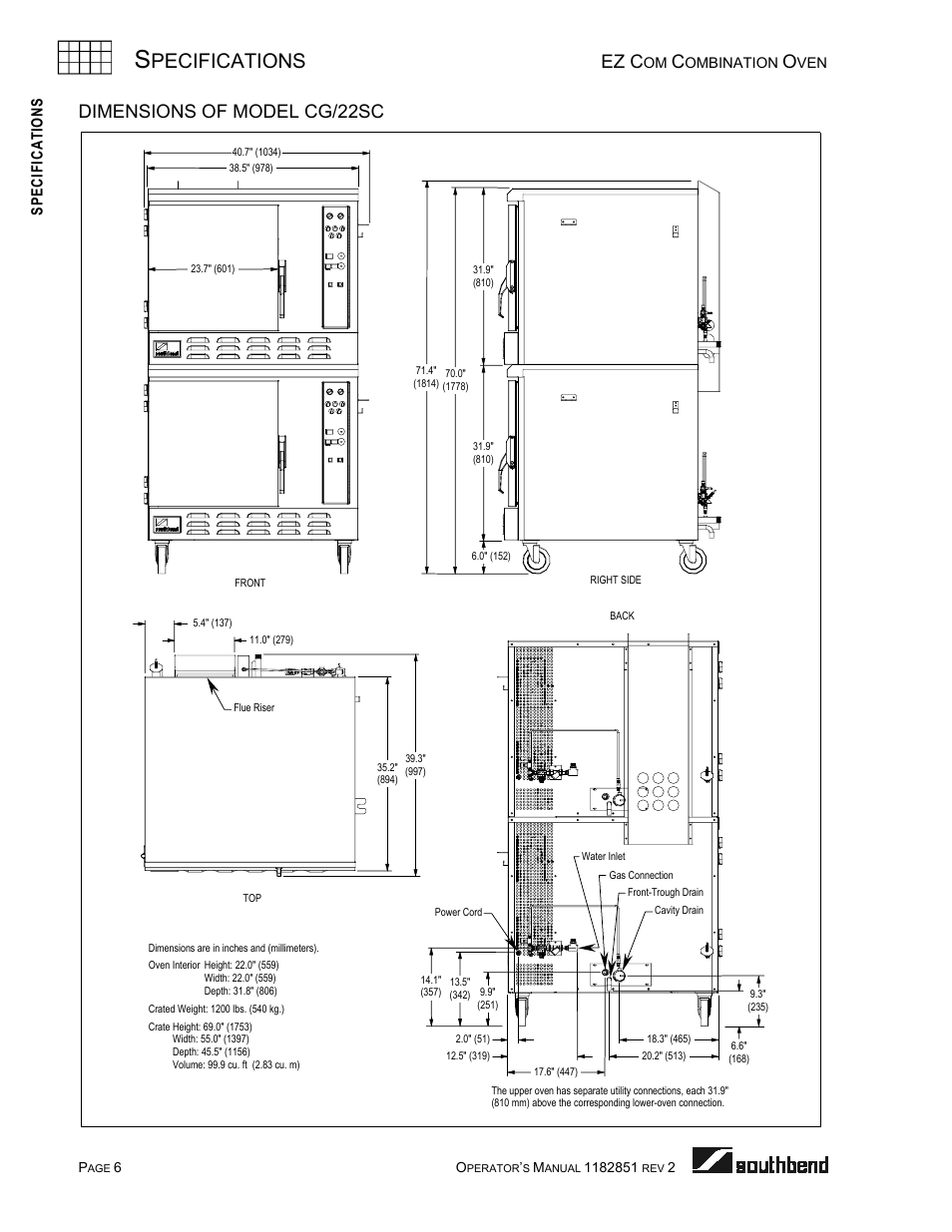 Dimensions of model cg/22sc, Pecifications, Ez c | Spec ifications | Southbend CG/22SC User Manual | Page 6 / 52