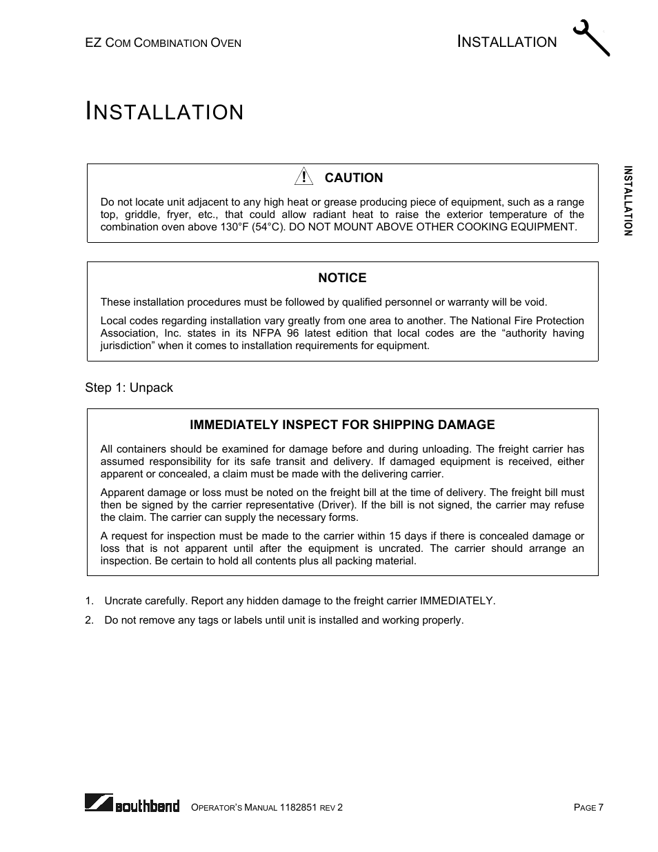 Installation, Step 1: unpack, Nstallation | Southbend CG/22SC User Manual | Page 7 / 52