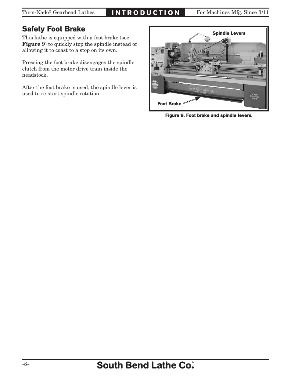 Safety foot brake | Southbend Turn-nado Gearhead Lathe w/ Dro 21" x 60" sb1046pf User Manual | Page 10 / 140