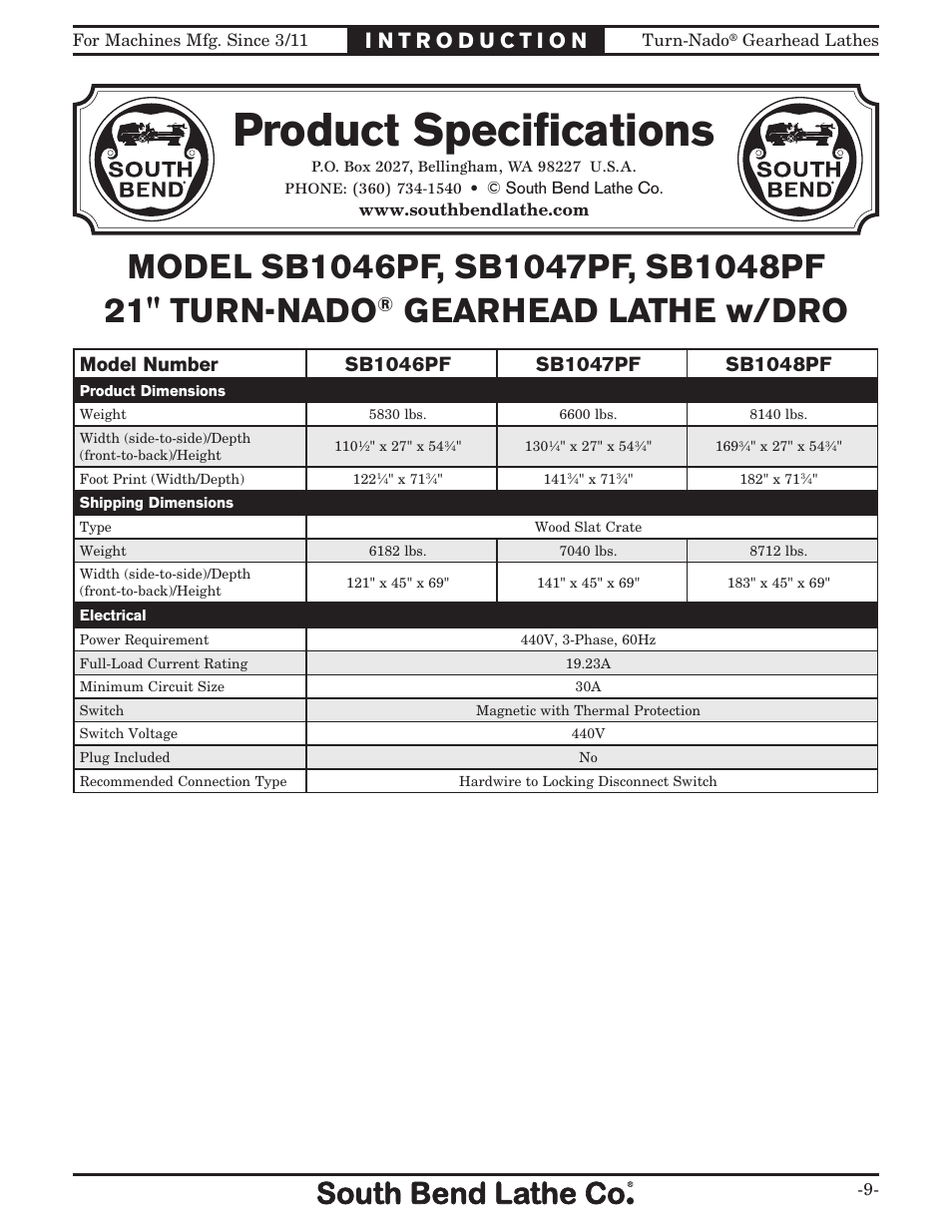 Product specifications, Gearhead lathe w/dro | Southbend Turn-nado Gearhead Lathe w/ Dro 21" x 60" sb1046pf User Manual | Page 11 / 140