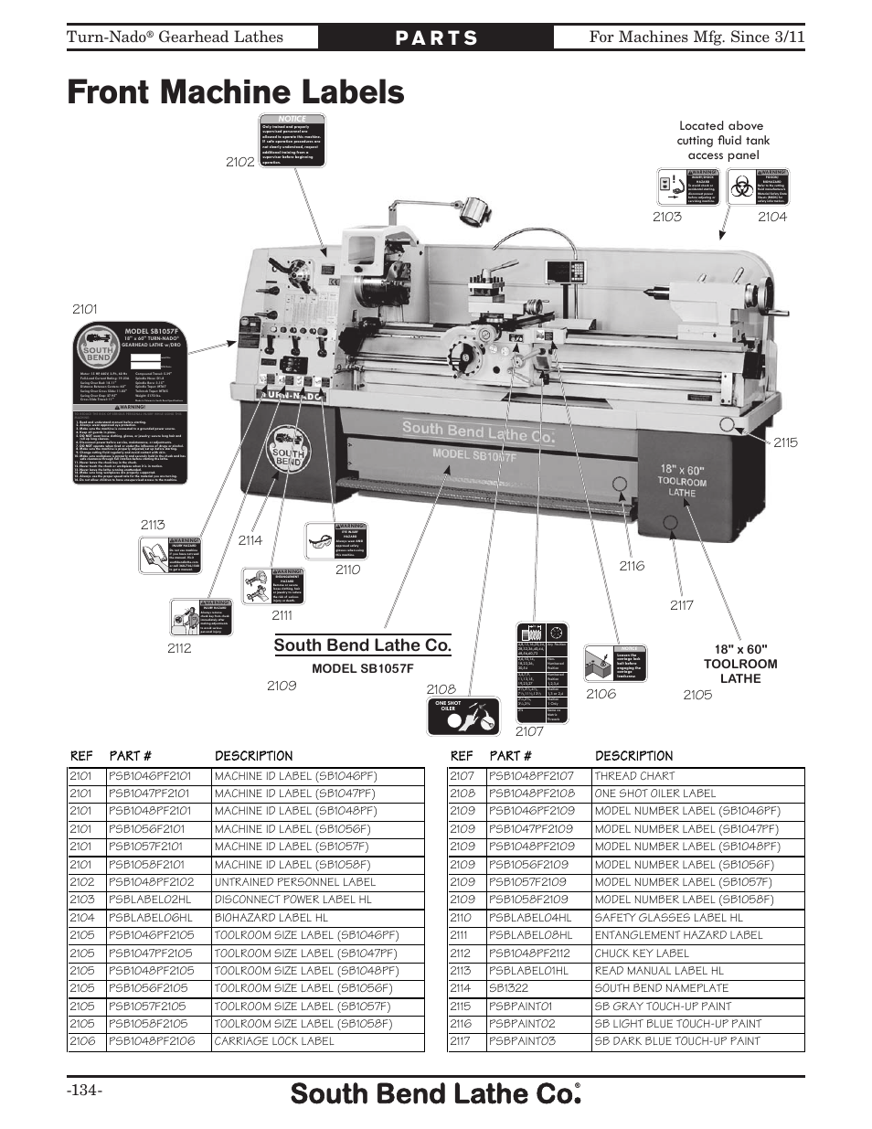 Front machine labels, South bend lathe co, For machines mfg. since 3/11 turn-nado | Gearhead lathes, Located above cutting ﬂuid tank access panel, Sb1057f labels (b), Ref part # description ref part # description | Southbend Turn-nado Gearhead Lathe w/ Dro 21" x 60" sb1046pf User Manual | Page 136 / 140