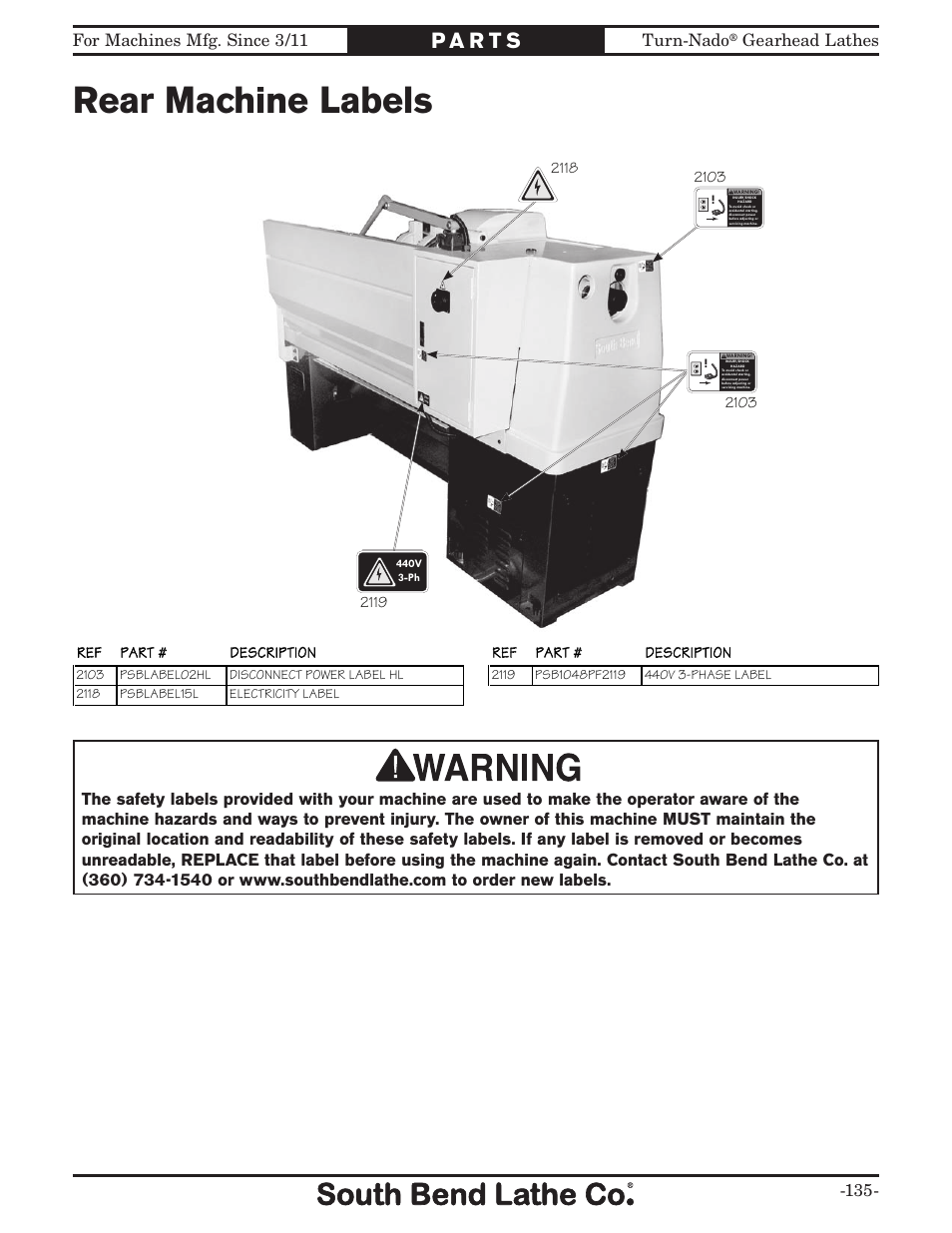 Rear machine labels, For machines mfg. since 3/11 turn-nado, Gearhead lathes -135 | Sb1057f labels (c), 440v 3-ph | Southbend Turn-nado Gearhead Lathe w/ Dro 21" x 60" sb1046pf User Manual | Page 137 / 140