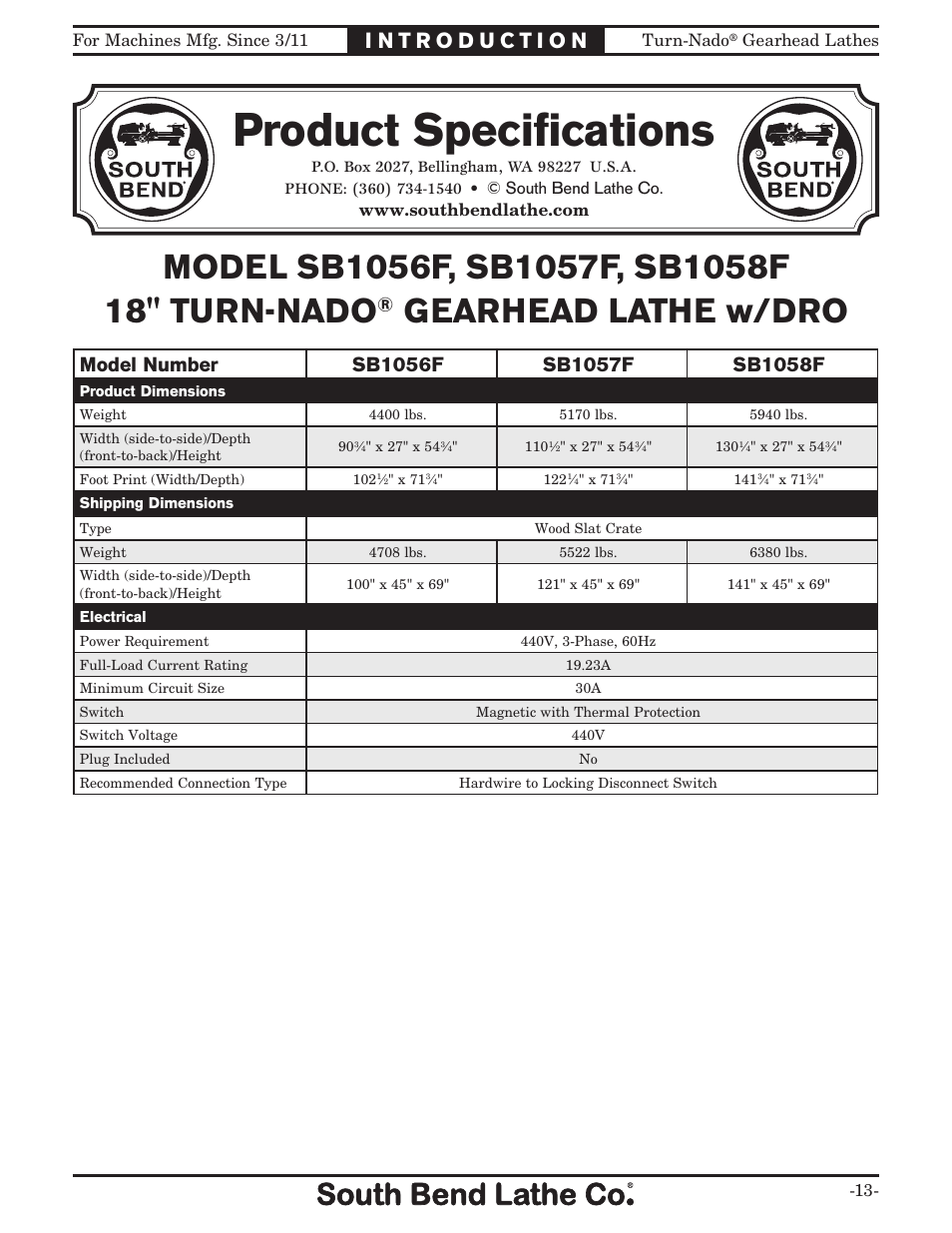 Product specifications, Gearhead lathe w/dro | Southbend Turn-nado Gearhead Lathe w/ Dro 21" x 60" sb1046pf User Manual | Page 15 / 140