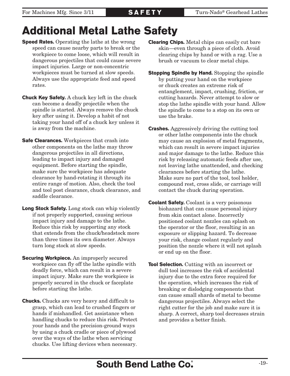 Additional metal lathe safety | Southbend Turn-nado Gearhead Lathe w/ Dro 21" x 60" sb1046pf User Manual | Page 21 / 140