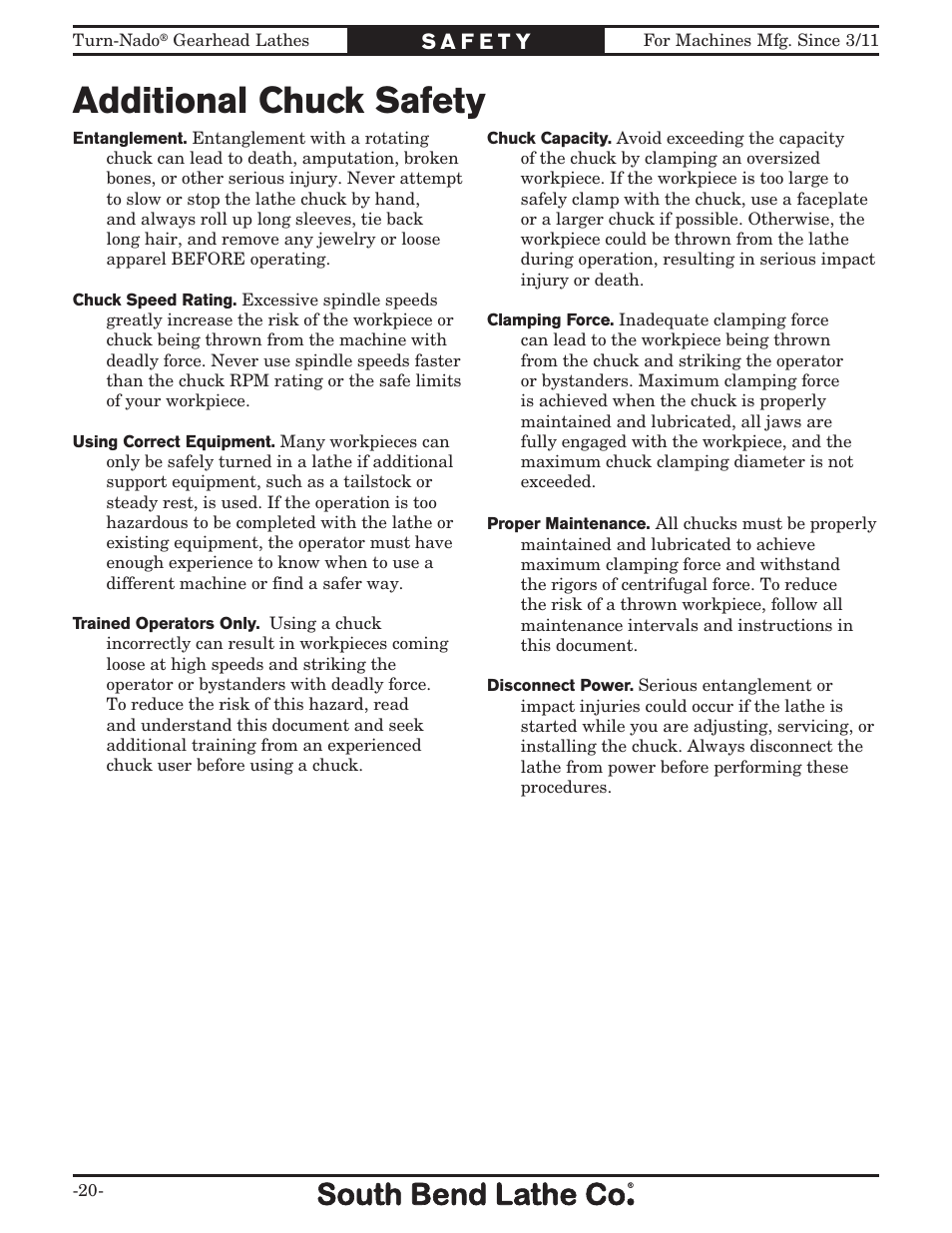 Additional chuck safety | Southbend Turn-nado Gearhead Lathe w/ Dro 21" x 60" sb1046pf User Manual | Page 22 / 140