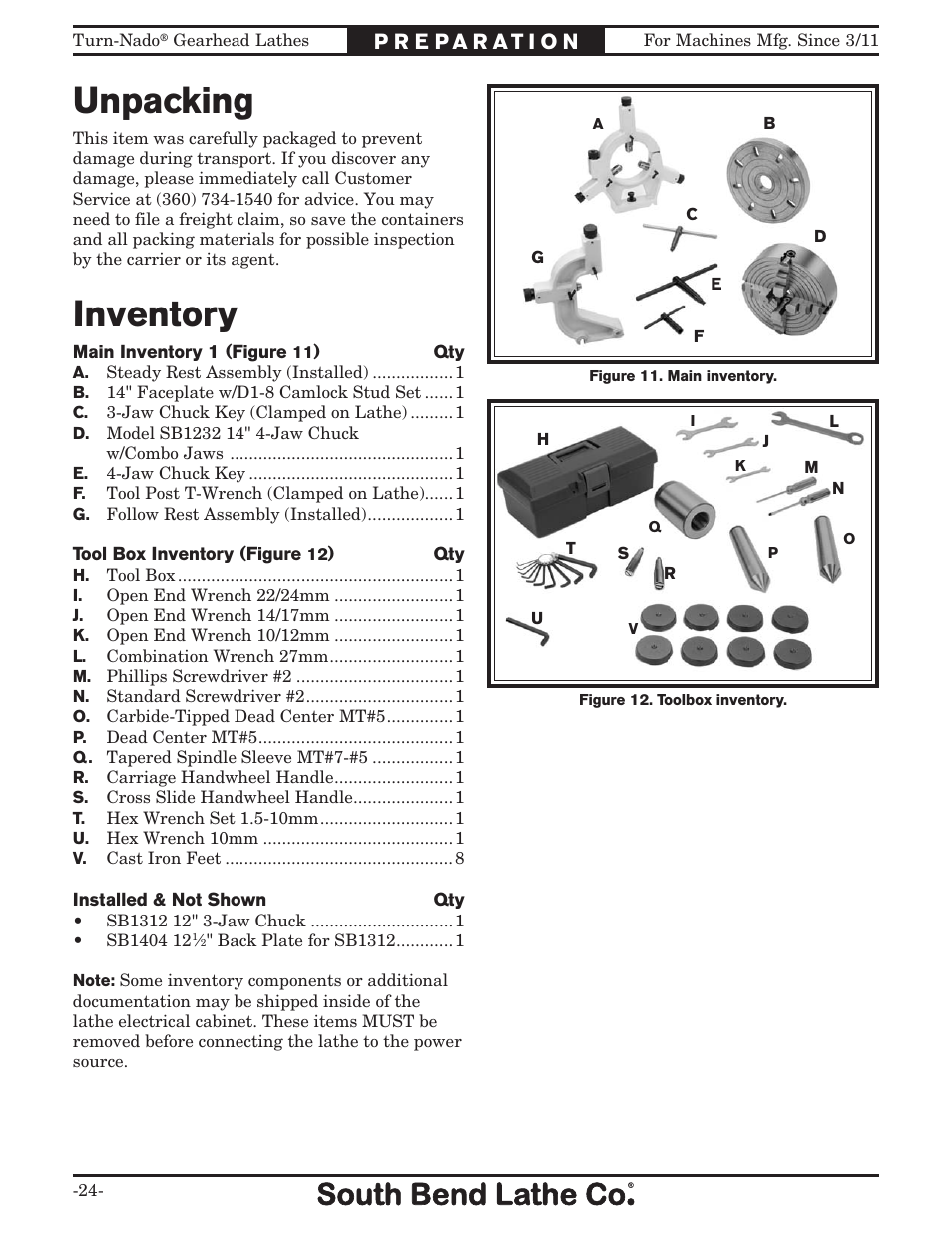 Unpacking, Inventory | Southbend Turn-nado Gearhead Lathe w/ Dro 21" x 60" sb1046pf User Manual | Page 26 / 140