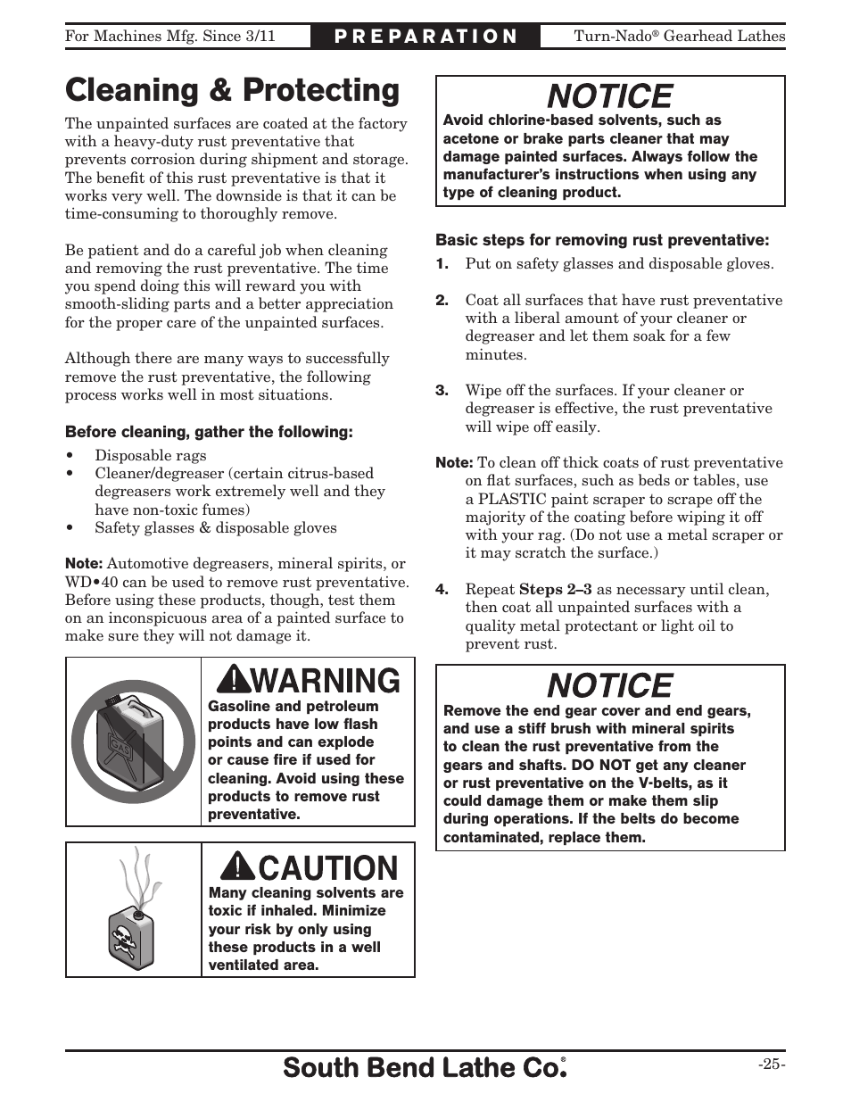 Cleaning & protecting | Southbend Turn-nado Gearhead Lathe w/ Dro 21" x 60" sb1046pf User Manual | Page 27 / 140