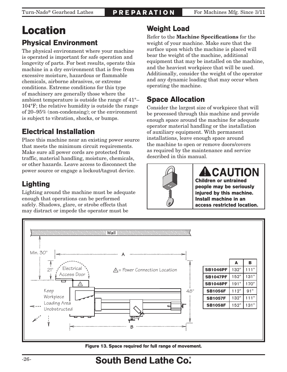 Location, Space allocation, Weight load | Physical environment, Electrical installation, Lighting | Southbend Turn-nado Gearhead Lathe w/ Dro 21" x 60" sb1046pf User Manual | Page 28 / 140