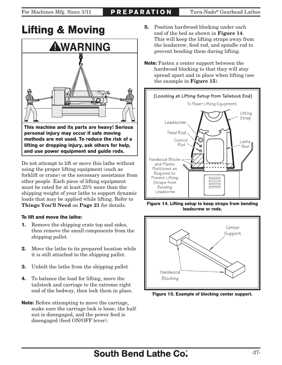 Lifting & moving | Southbend Turn-nado Gearhead Lathe w/ Dro 21" x 60" sb1046pf User Manual | Page 29 / 140