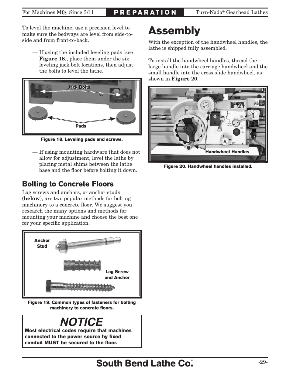 Assembly, Bolting to concrete floors | Southbend Turn-nado Gearhead Lathe w/ Dro 21" x 60" sb1046pf User Manual | Page 31 / 140