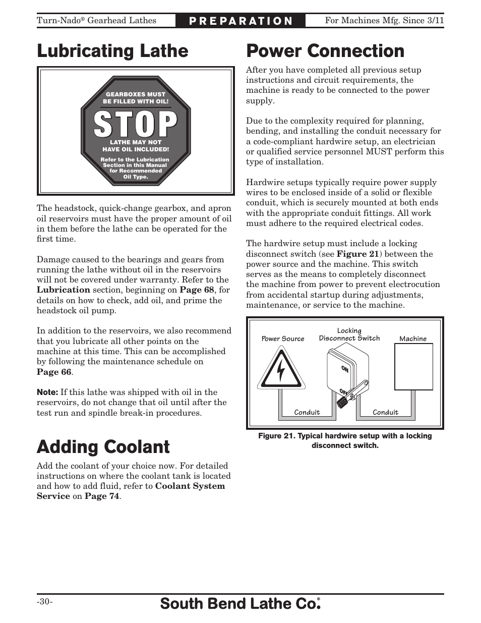 Power connection adding coolant, Lubricating lathe | Southbend Turn-nado Gearhead Lathe w/ Dro 21" x 60" sb1046pf User Manual | Page 32 / 140