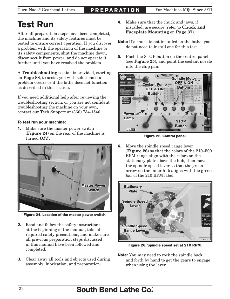 Test run | Southbend Turn-nado Gearhead Lathe w/ Dro 21" x 60" sb1046pf User Manual | Page 34 / 140