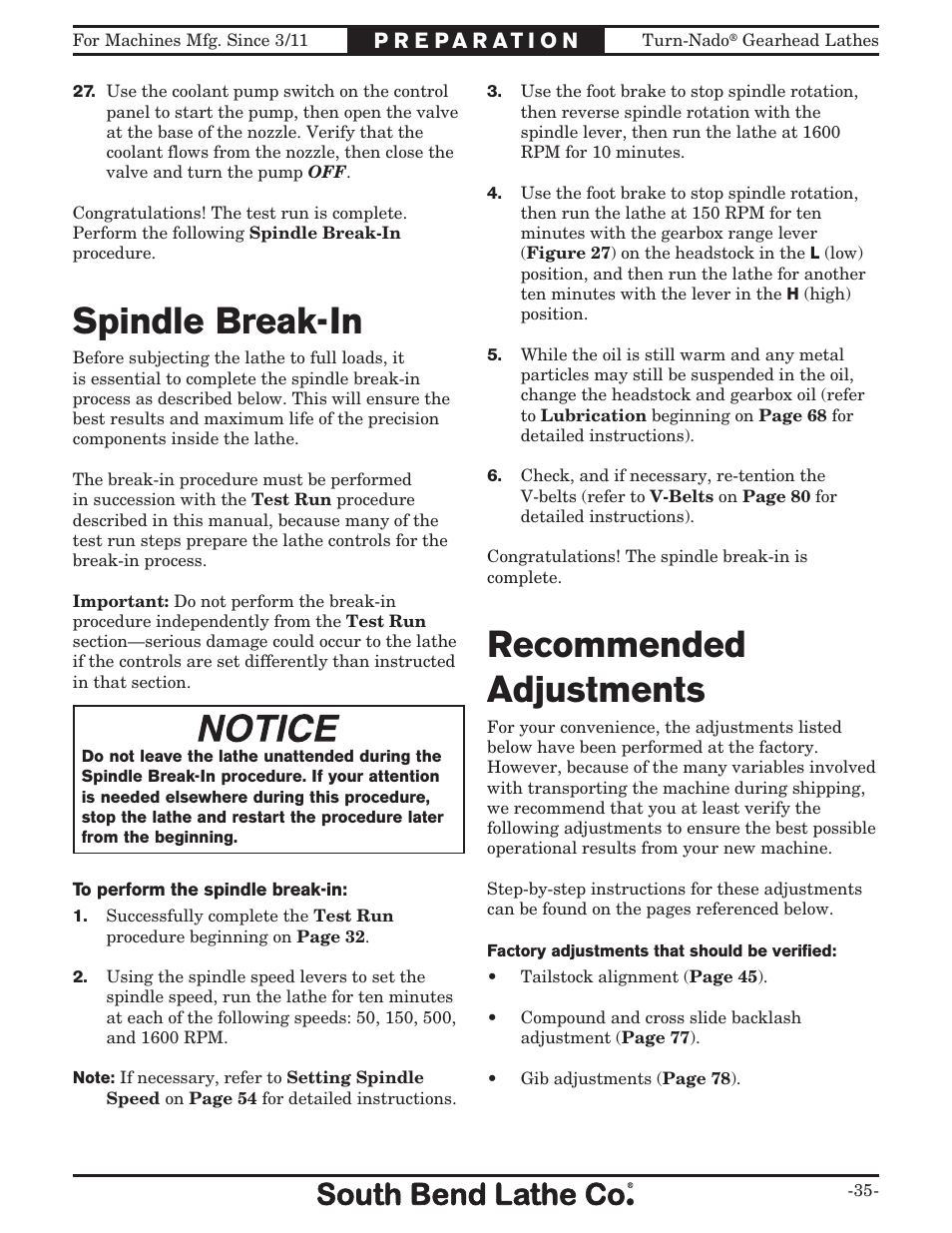 Spindle break-in, Recommended adjustments | Southbend Turn-nado Gearhead Lathe w/ Dro 21" x 60" sb1046pf User Manual | Page 37 / 140