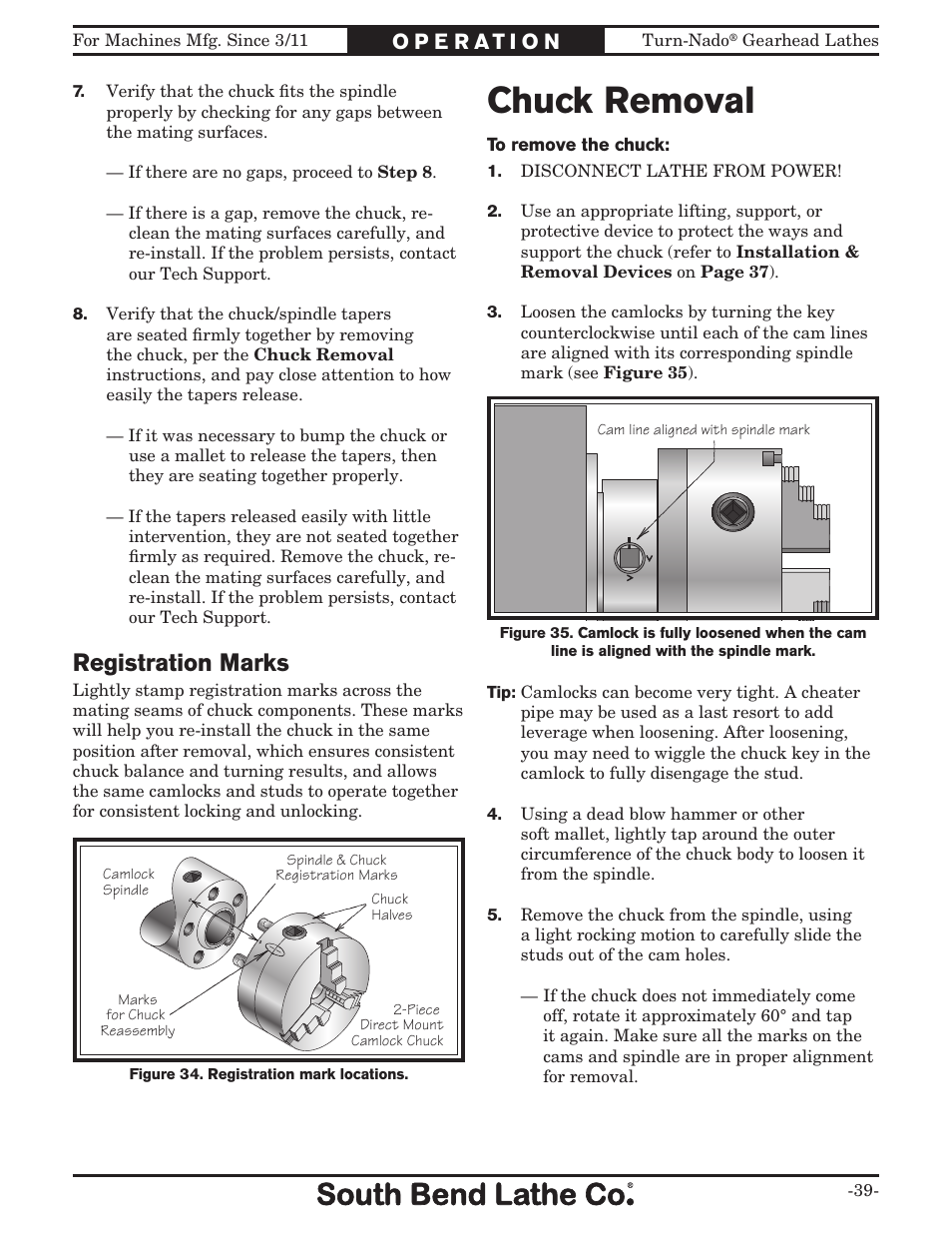 Chuck removal, Registration marks | Southbend Turn-nado Gearhead Lathe w/ Dro 21" x 60" sb1046pf User Manual | Page 41 / 140