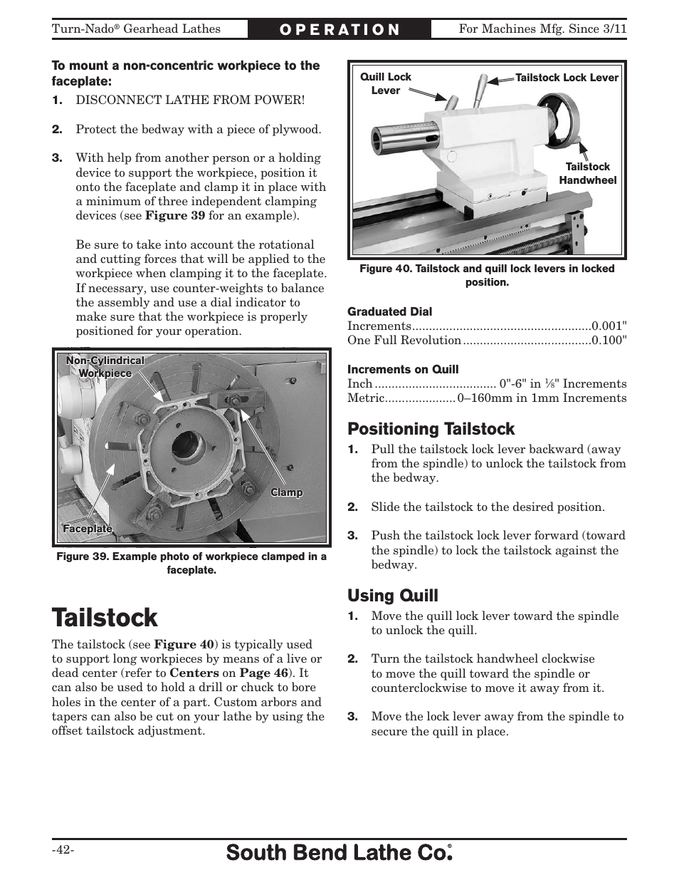 Tailstock, Positioning tailstock, Using quill | Southbend Turn-nado Gearhead Lathe w/ Dro 21" x 60" sb1046pf User Manual | Page 44 / 140