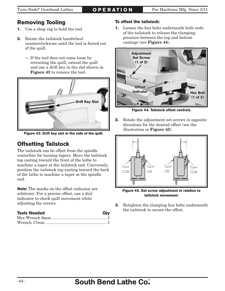 Removing tooling, Offsetting tailstock | Southbend Turn-nado Gearhead Lathe w/ Dro 21" x 60" sb1046pf User Manual | Page 46 / 140