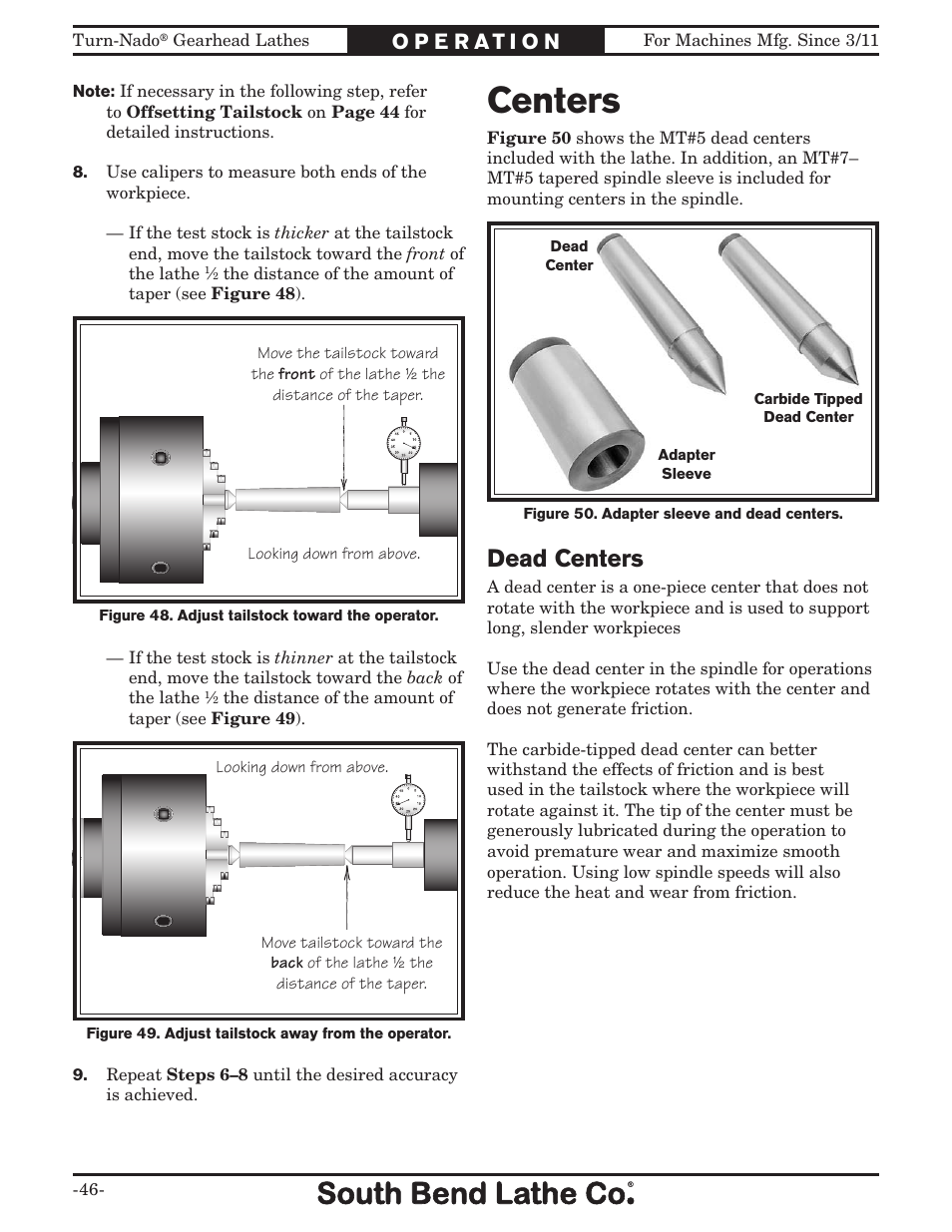 Centers, Dead centers | Southbend Turn-nado Gearhead Lathe w/ Dro 21" x 60" sb1046pf User Manual | Page 48 / 140