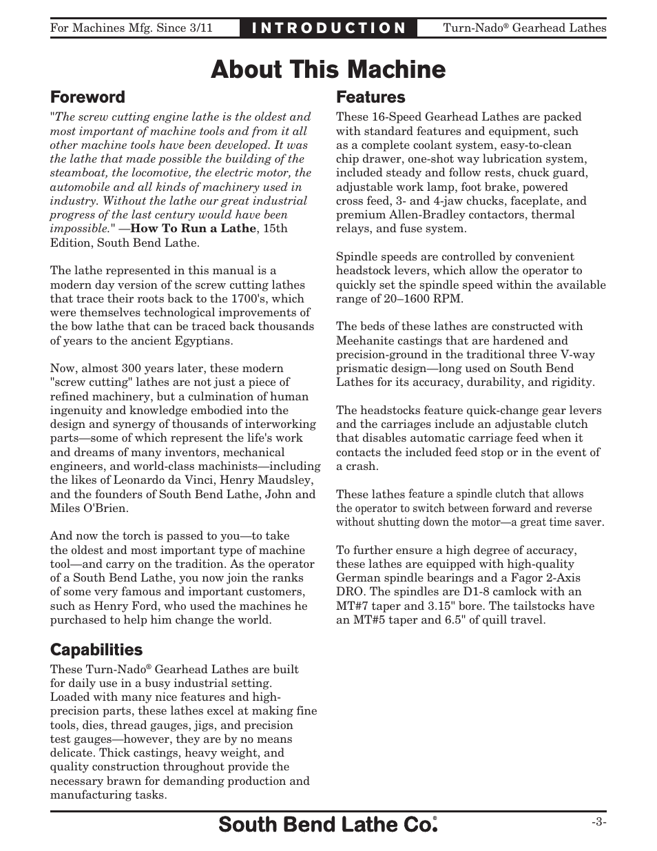 About this machine, Foreword, Capabilities | Features | Southbend Turn-nado Gearhead Lathe w/ Dro 21" x 60" sb1046pf User Manual | Page 5 / 140