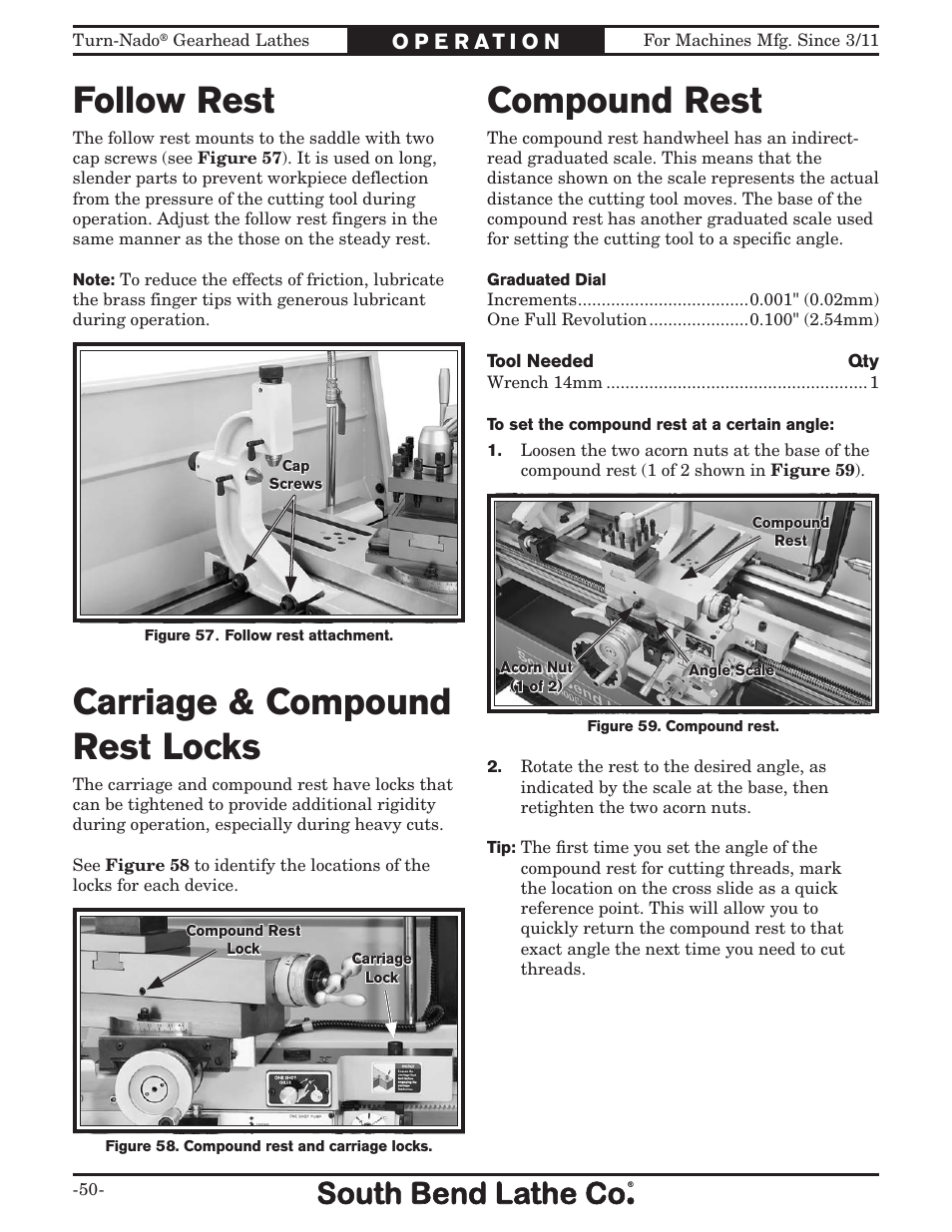 Follow rest, Carriage & compound rest locks, Compound rest | Southbend Turn-nado Gearhead Lathe w/ Dro 21" x 60" sb1046pf User Manual | Page 52 / 140