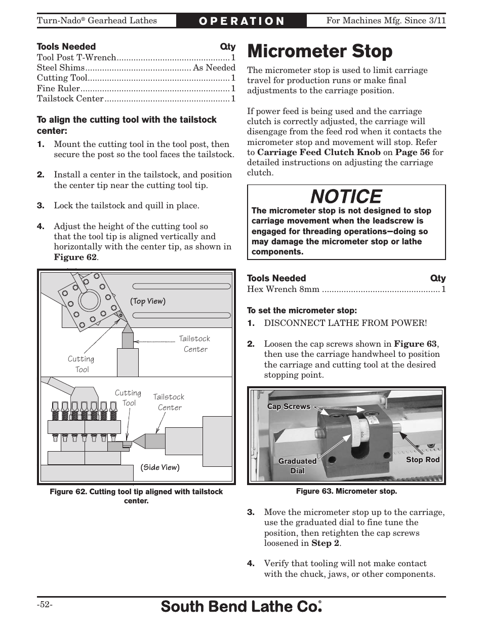 Micrometer stop | Southbend Turn-nado Gearhead Lathe w/ Dro 21" x 60" sb1046pf User Manual | Page 54 / 140