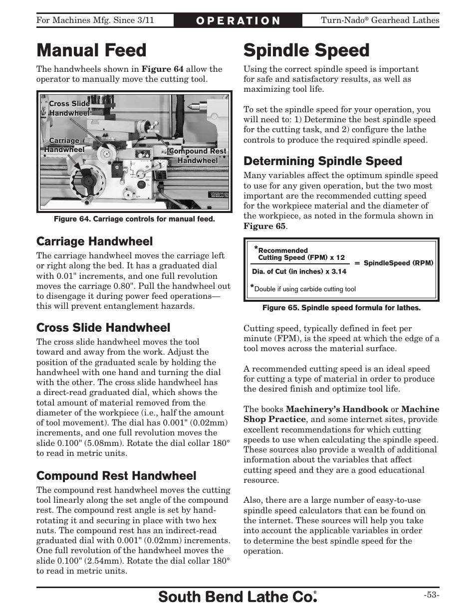 Manual feed, Spindle speed, Carriage handwheel | Cross slide handwheel, Compound rest handwheel, Determining spindle speed | Southbend Turn-nado Gearhead Lathe w/ Dro 21" x 60" sb1046pf User Manual | Page 55 / 140