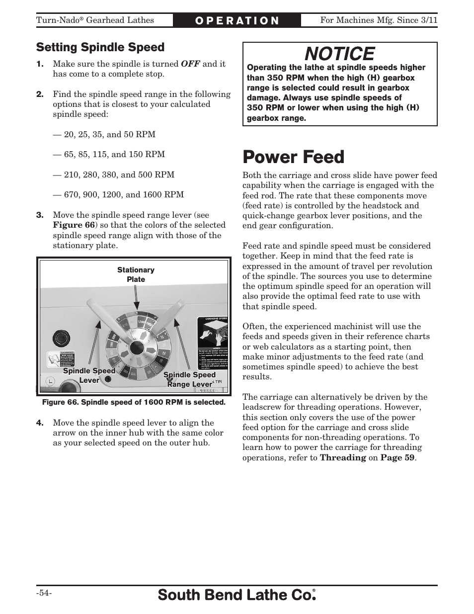 Power feed, Setting spindle speed | Southbend Turn-nado Gearhead Lathe w/ Dro 21" x 60" sb1046pf User Manual | Page 56 / 140