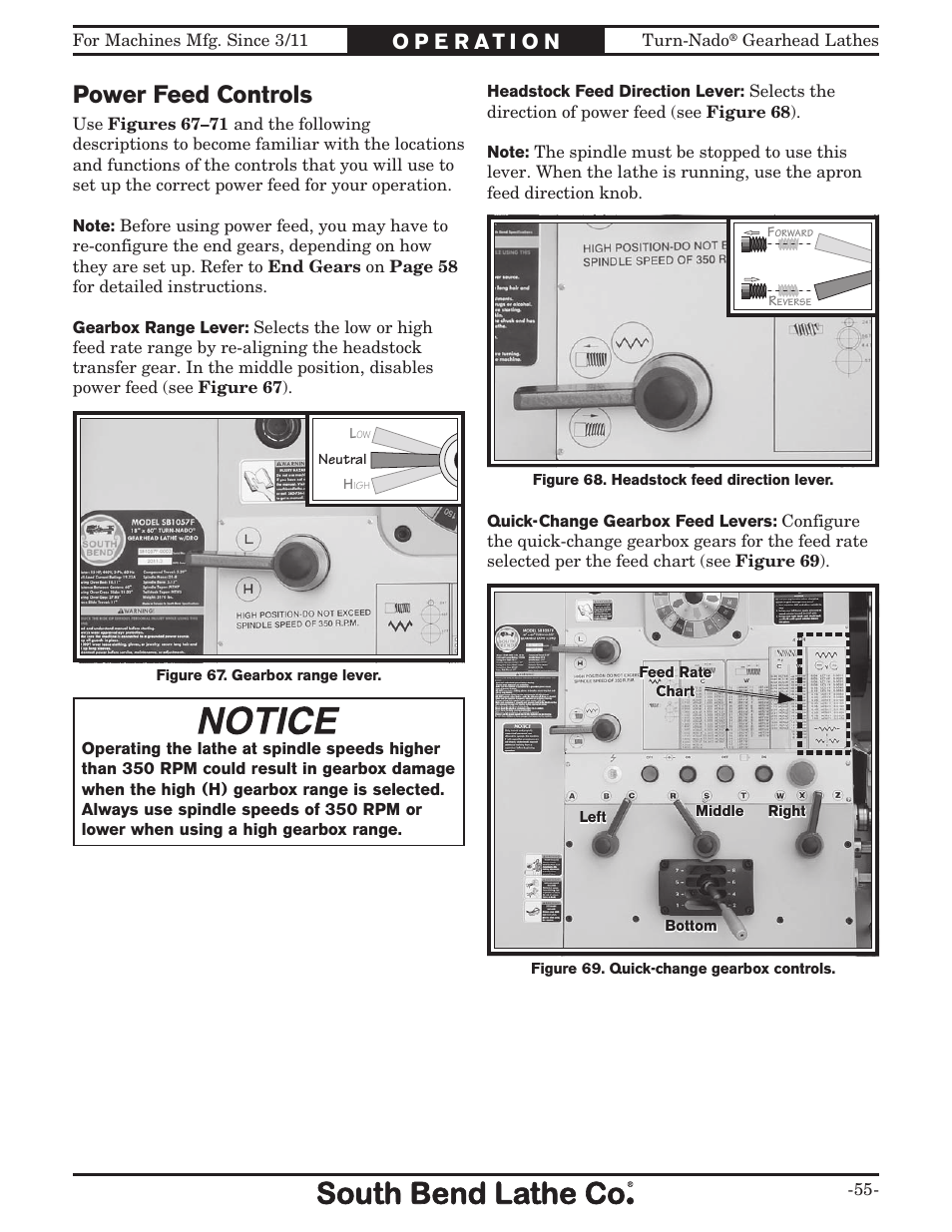 Power feed controls | Southbend Turn-nado Gearhead Lathe w/ Dro 21" x 60" sb1046pf User Manual | Page 57 / 140