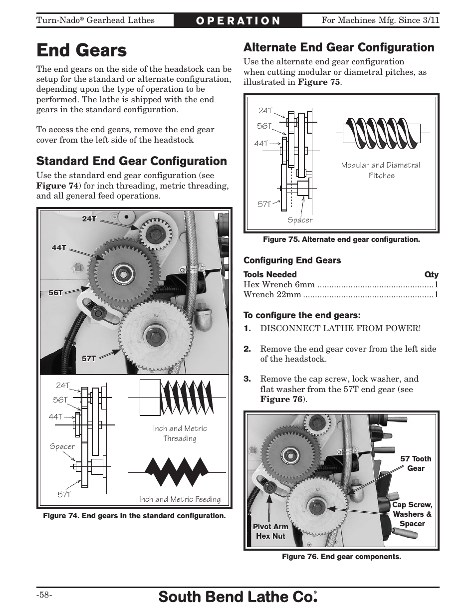 End gears, Standard end gear configuration, Alternate end gear configuration | Southbend Turn-nado Gearhead Lathe w/ Dro 21" x 60" sb1046pf User Manual | Page 60 / 140