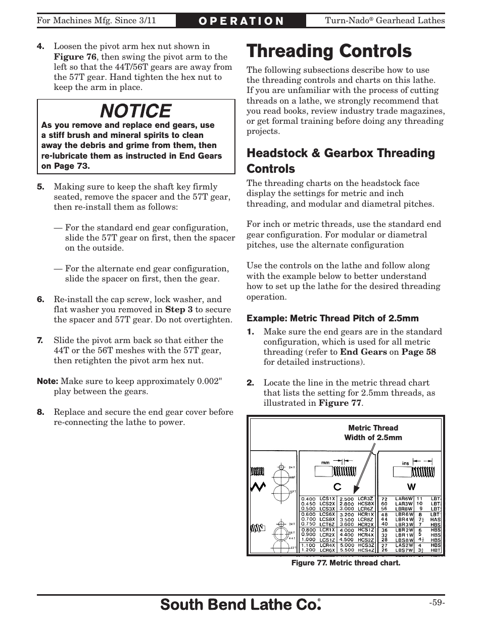 Threading controls, Headstock & gearbox threading controls | Southbend Turn-nado Gearhead Lathe w/ Dro 21" x 60" sb1046pf User Manual | Page 61 / 140