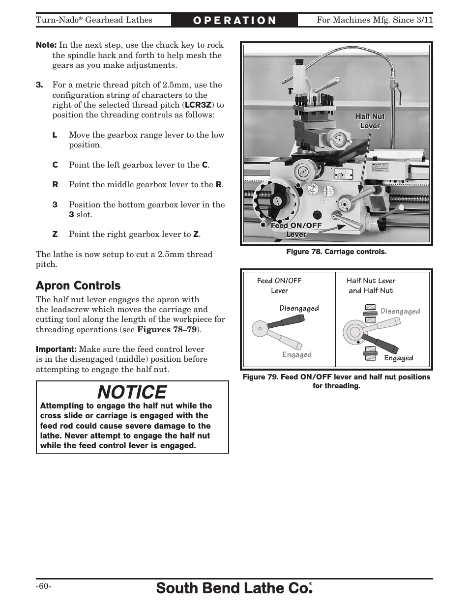 Apron controls | Southbend Turn-nado Gearhead Lathe w/ Dro 21" x 60" sb1046pf User Manual | Page 62 / 140