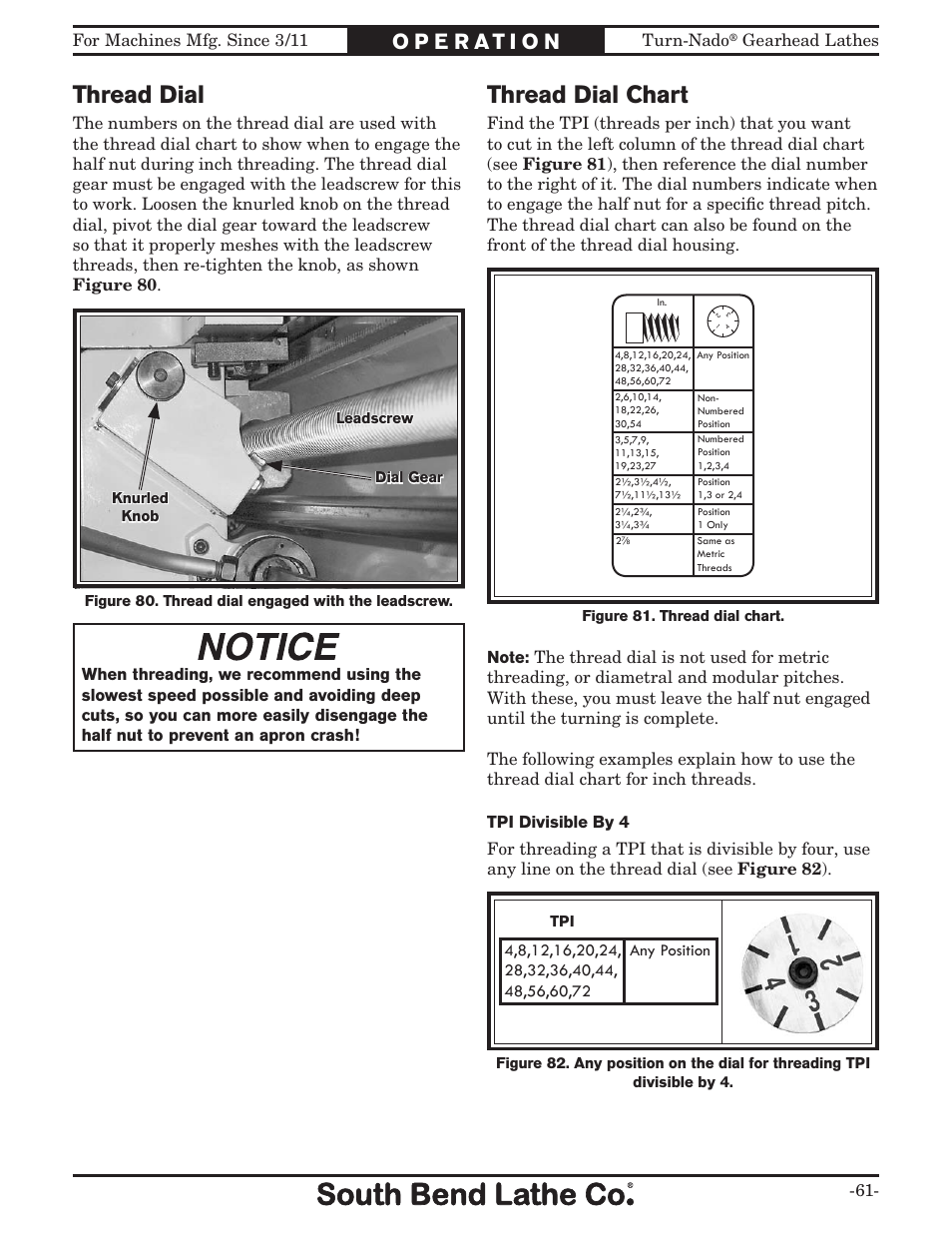 Thread dial, Thread dial chart | Southbend Turn-nado Gearhead Lathe w/ Dro 21" x 60" sb1046pf User Manual | Page 63 / 140