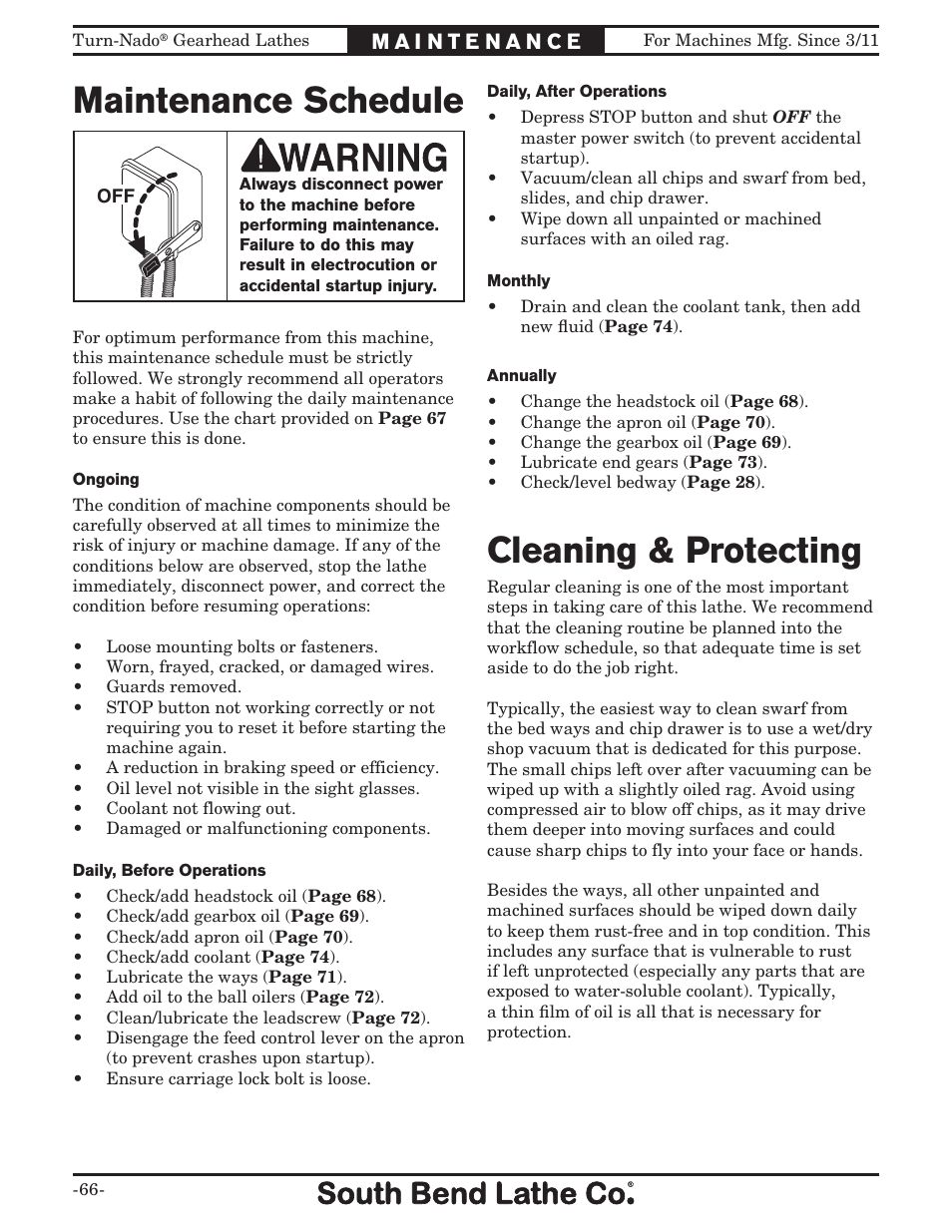 Maintenance schedule cleaning & protecting | Southbend Turn-nado Gearhead Lathe w/ Dro 21" x 60" sb1046pf User Manual | Page 68 / 140