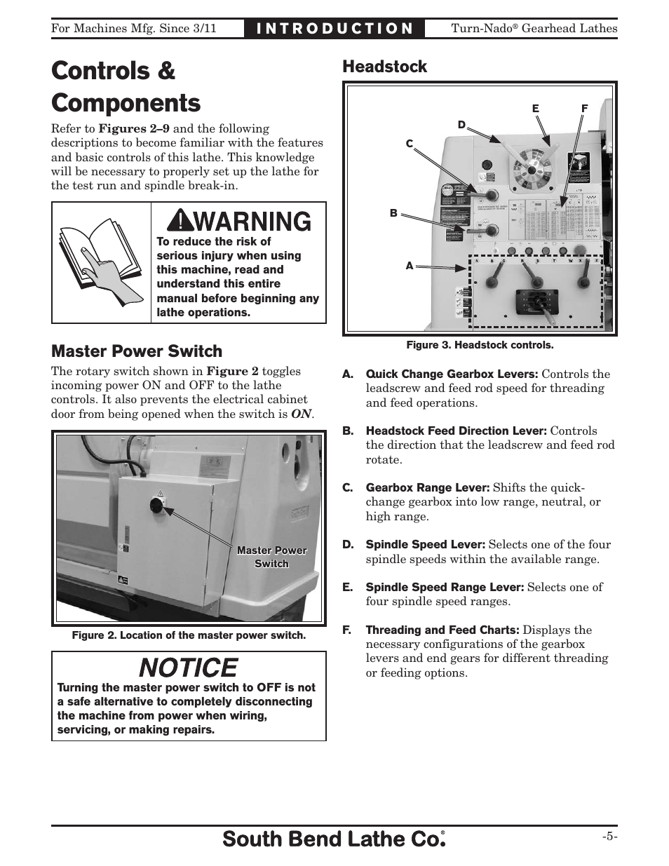 Controls & components, Master power switch, Headstock | Southbend Turn-nado Gearhead Lathe w/ Dro 21" x 60" sb1046pf User Manual | Page 7 / 140