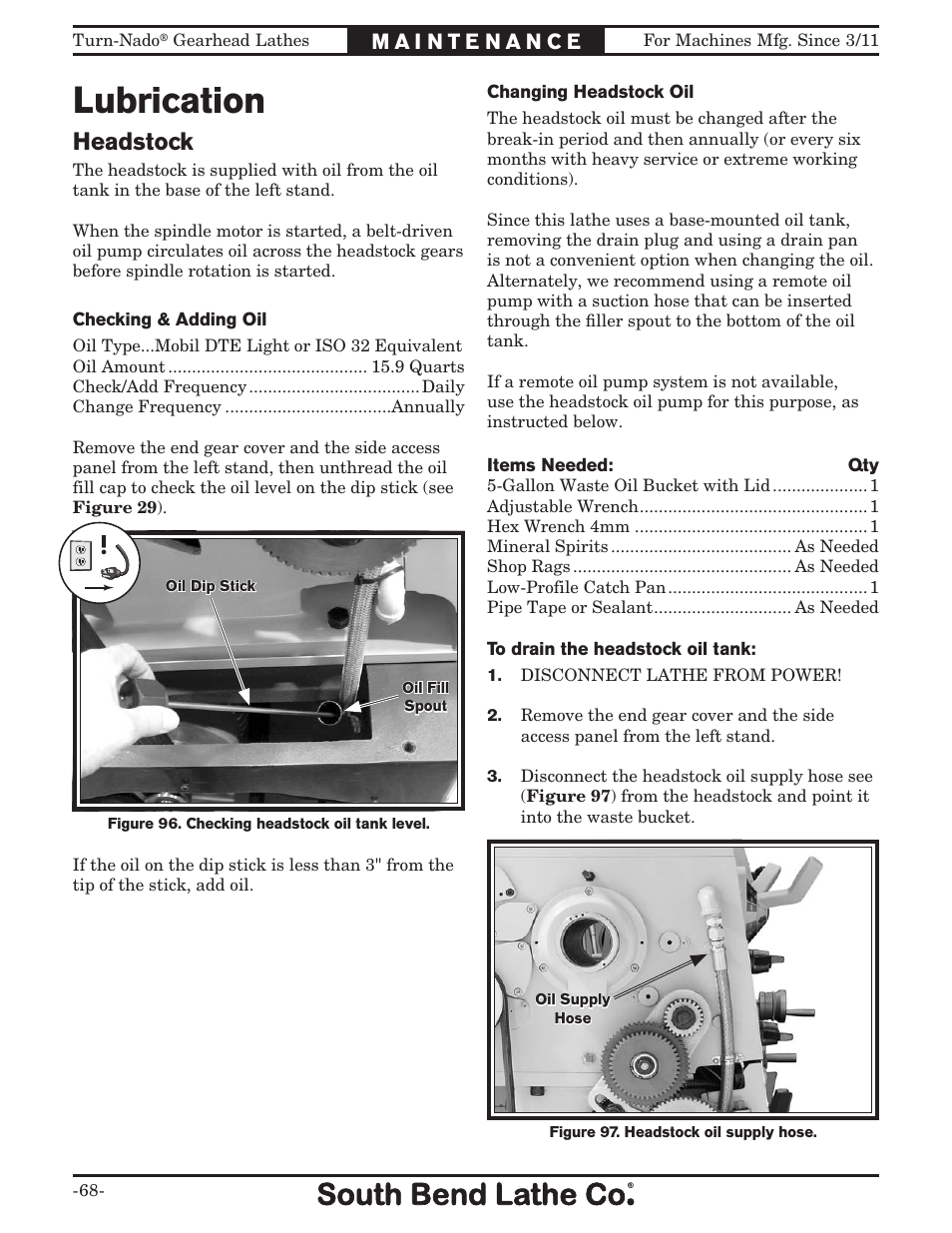 Lubrication, Headstock | Southbend Turn-nado Gearhead Lathe w/ Dro 21" x 60" sb1046pf User Manual | Page 70 / 140