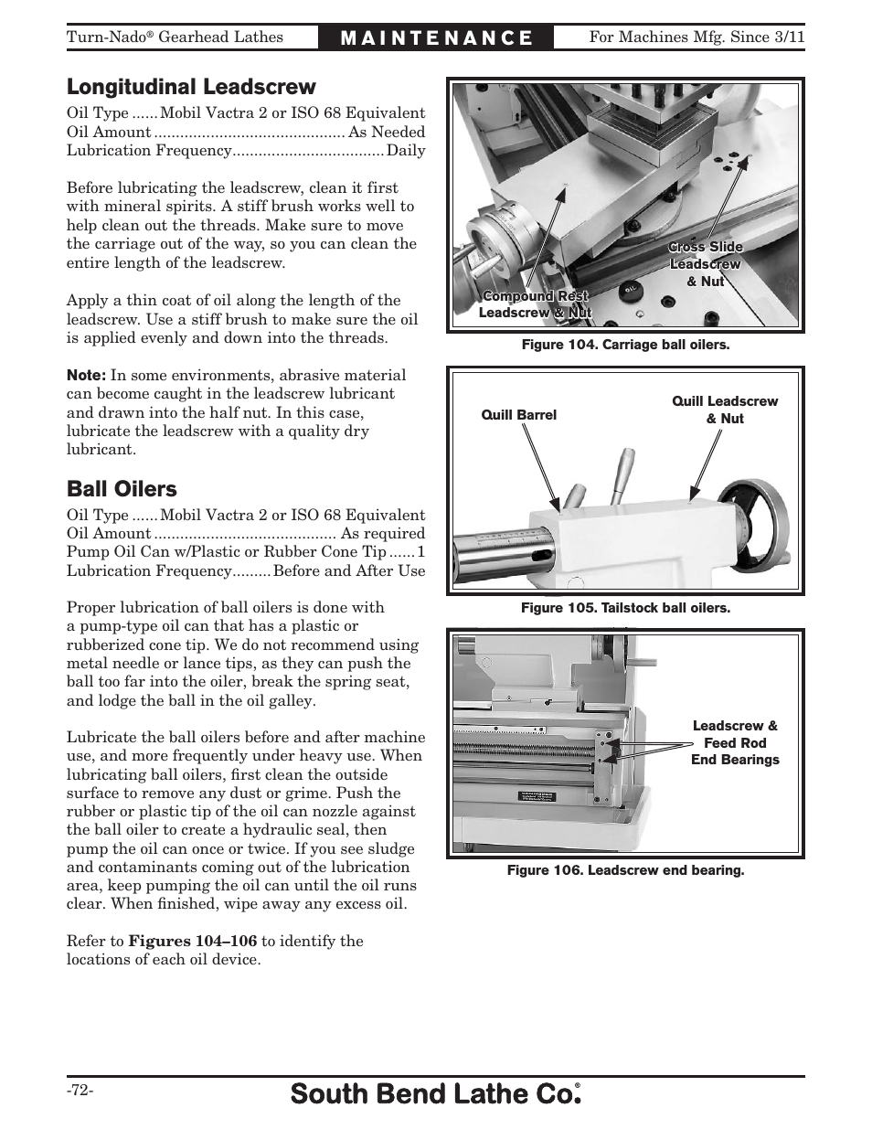 Longitudinal leadscrew, Ball oilers | Southbend Turn-nado Gearhead Lathe w/ Dro 21" x 60" sb1046pf User Manual | Page 74 / 140