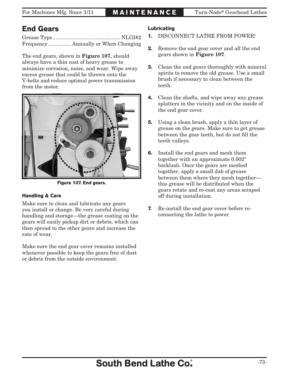 End gears | Southbend Turn-nado Gearhead Lathe w/ Dro 21" x 60" sb1046pf User Manual | Page 75 / 140