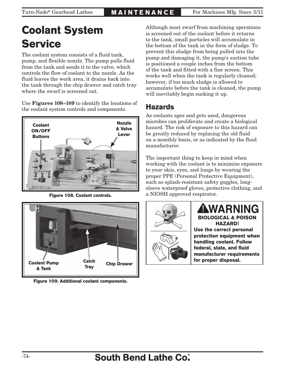 Coolant system service, Hazards | Southbend Turn-nado Gearhead Lathe w/ Dro 21" x 60" sb1046pf User Manual | Page 76 / 140