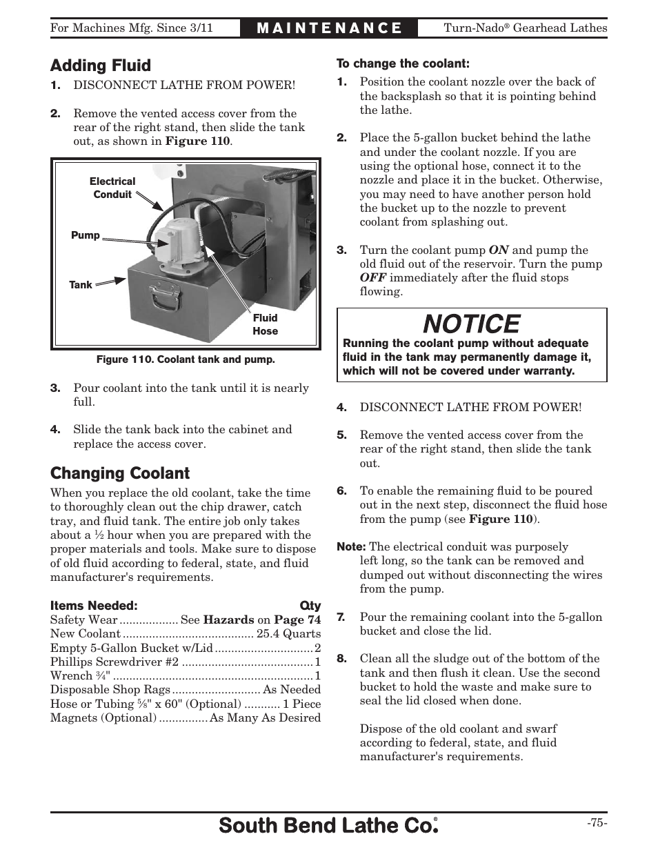 Adding fluid, Changing coolant | Southbend Turn-nado Gearhead Lathe w/ Dro 21" x 60" sb1046pf User Manual | Page 77 / 140